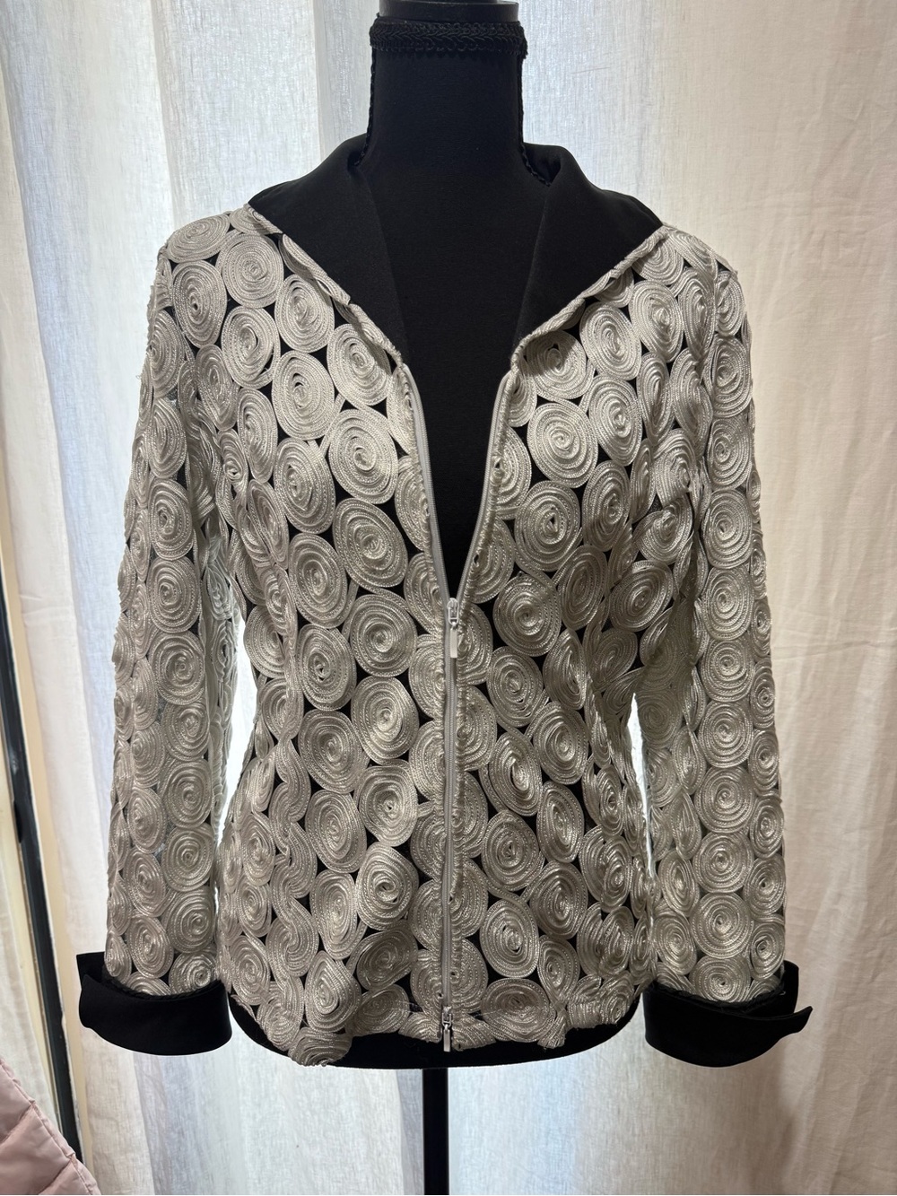 Samuel Dong Evening Jacket Medium Silver Spiral Textured Zip Front